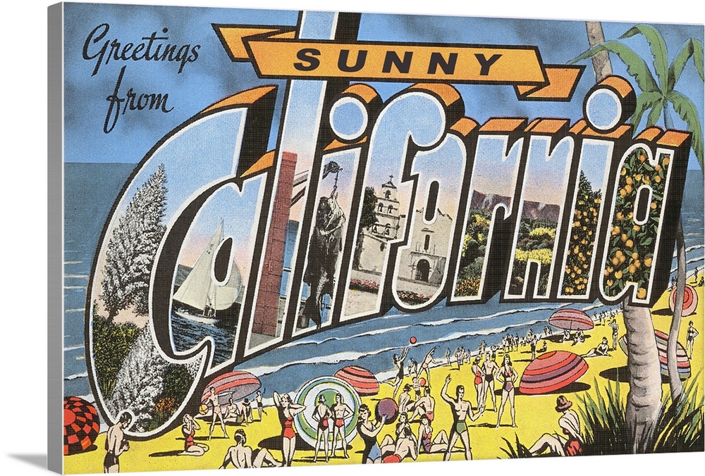 Greetings from Sunny California large letter vintage postcard