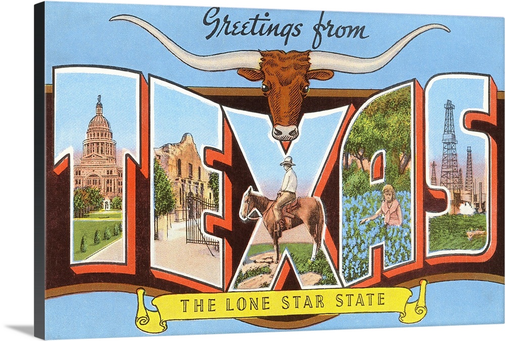 Greetings from Texas, the Lone Star State, large letter vintage postcard