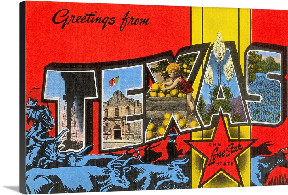 Greetings from Texas, the Lone Star State large letter vintage postcard