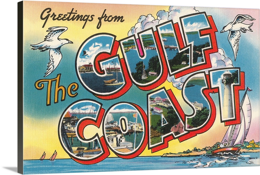 Greetings from the Gulf Coast, Florida large letter vintage postcard