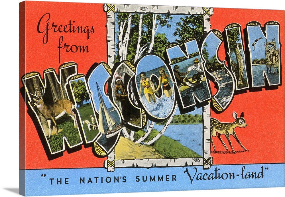 Greetings from Wisconsin, the Nation's Summer Vacation-land, large letter vintage postcard