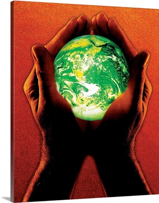 Hands holding green earth, orange tone on hands and background
