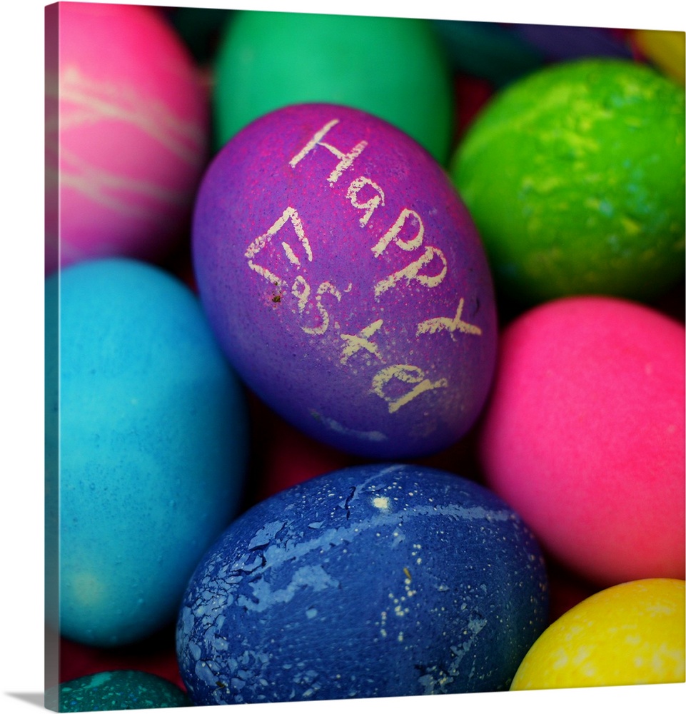 Dyed Easter eggs with crayon greeting message.