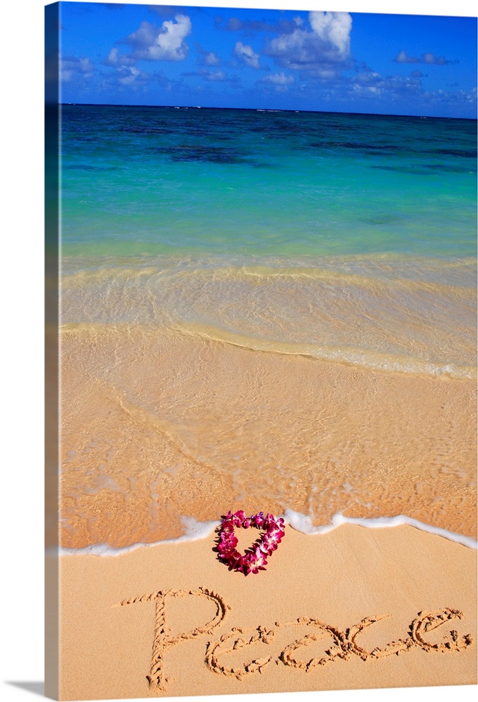 Hawaii, Turquoise ocean waters, foaming shore water, orchid lei, Peace written in sand