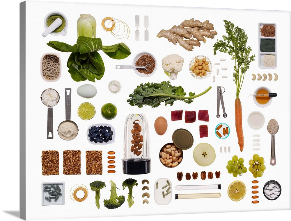 Healthy food grid on a white background.