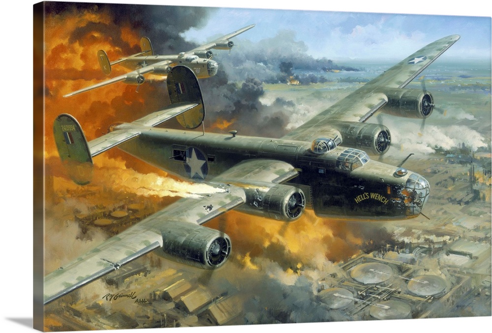 Fire over Ploesti, Romania, August 1, 1943. Hell's Wench, a B-24 badly damaged by anti-aircraft artillery fire, led the 93...