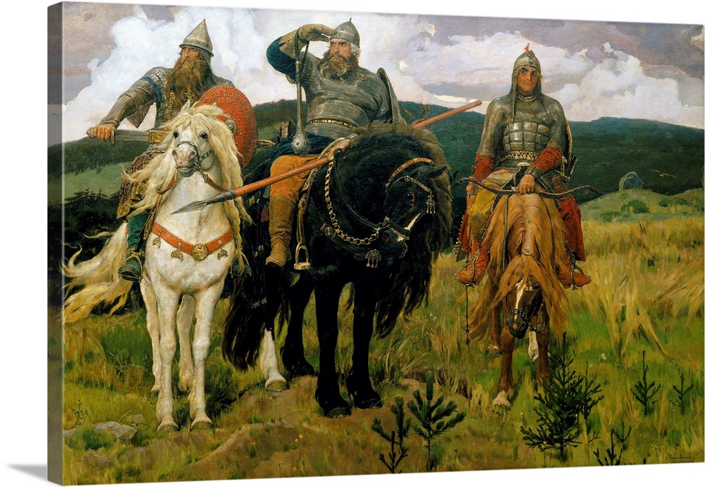 Heroes (Bogatyri, or Three Bogatyrs). 1881-1898. Oil on canvas. 446 x 295.3 cm (175.6 x 116.3 in). Tretyakov Gallery, Mosc...
