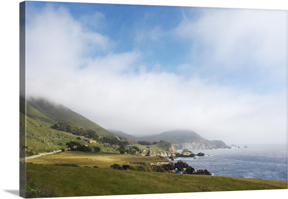 Summer california road trip on highway 1 along Big Sur between Monterey and San Luis Obispo with mountains, highway and th...