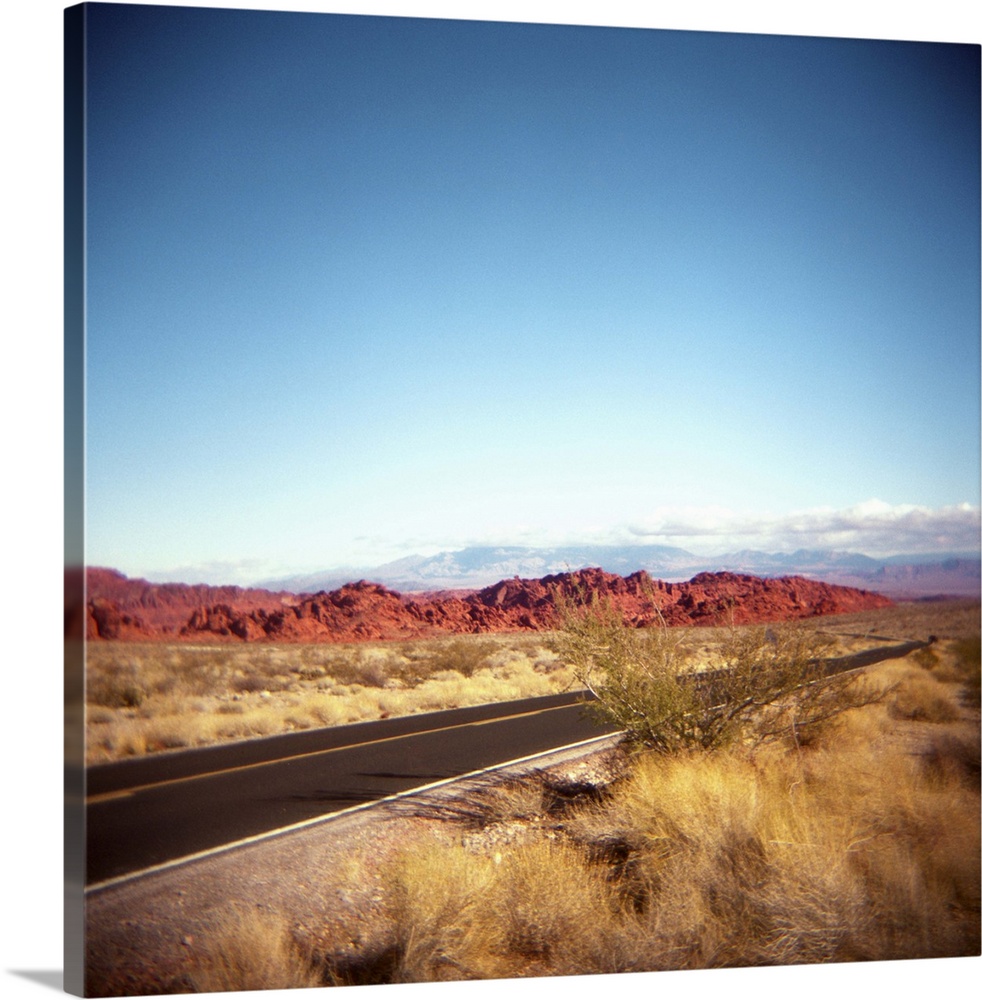 Photo of the highway entering the Valley of Fire in Nevada.  Near Las Vegas.  Red rocks.  Desert. Holga.  Toy camera.