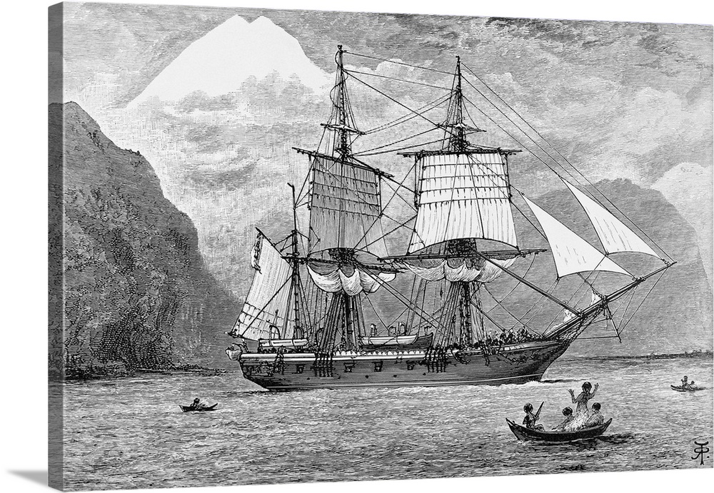 1890-Illustration of the H.M.S. Beagle carrying Charles Darwin's expedition in the Straits of Magellan, Mt. Sarmiento in t...