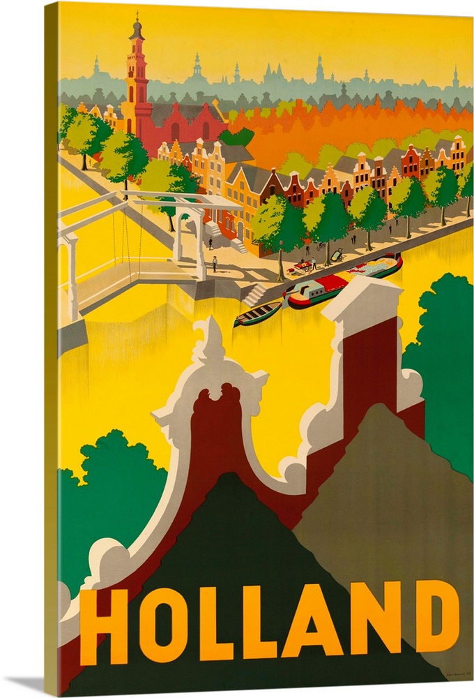 1945 Dutch travel poster illustrated by Paul Erkelens. Holland canal, bridges and cityscape advertise the country as a rom...