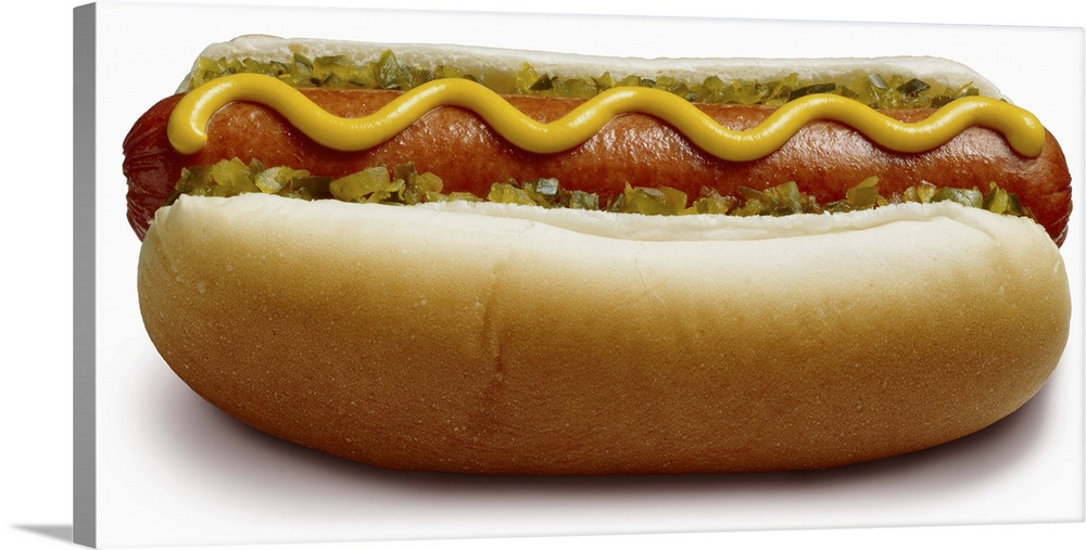 Hot dog with mustard and relish, close-up