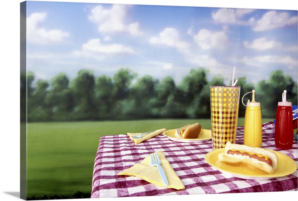 Hot dogs on picnic table