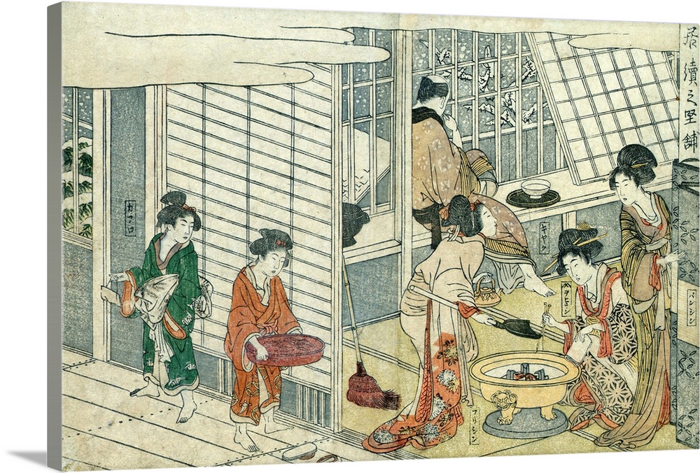 Print shows a man looking out windows at snow falling while courtesans prepare tea and perform other domestic duties. From...