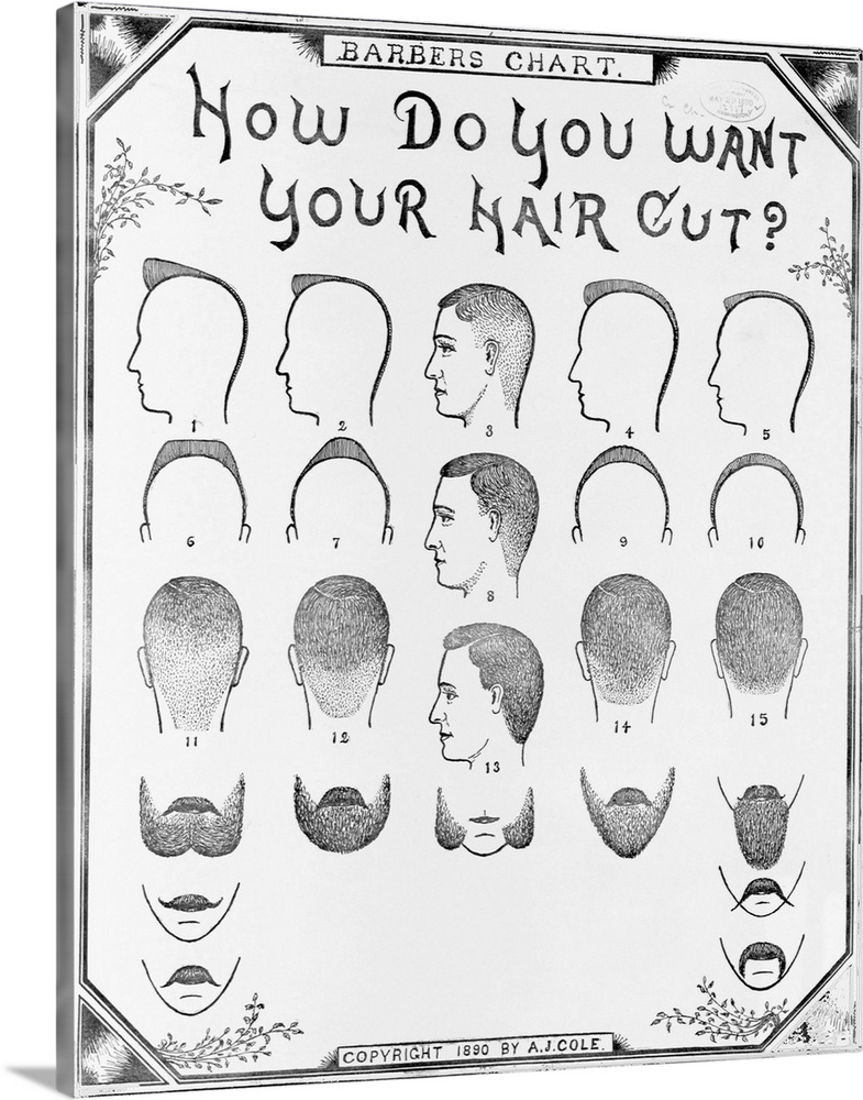 A barbers chart illustrating hair styles, beards, mustaches, and sideburns from 1890.