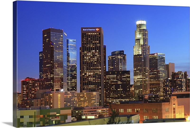 Illuminated of Downtown skyscrapers in Los Angeles. Wall Art, Canvas