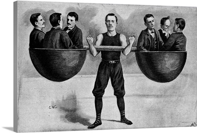 Illustration of a Circus Performer Lifting Six Men