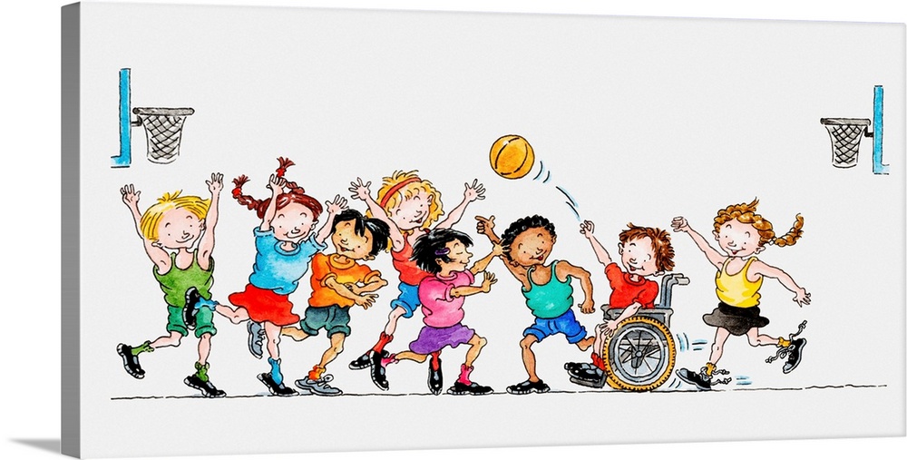 Illustration of a group of children including a child in a wheelchair playing basketball together