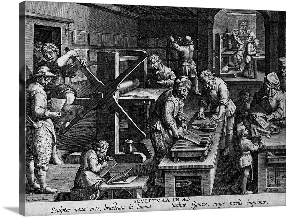 Illustration of a 16th century printing shop showing engravers and hand-operated printing presses.
