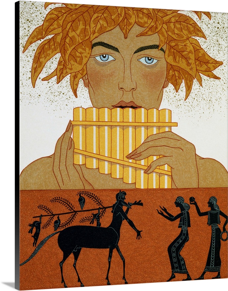 The lower part of this illustration mimics the Ancient Greek Black-figure style of pottery painting.