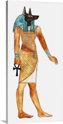Illustration of Ancient Egyptian god of the dead Anubis holding symbol of Anhk