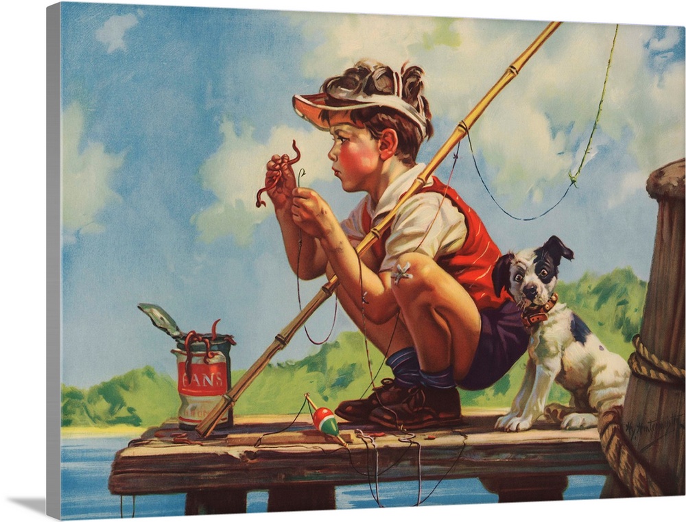 Illustration of Boy Hooking Bait | Large Solid-Faced Canvas Wall Art Print | Great Big Canvas