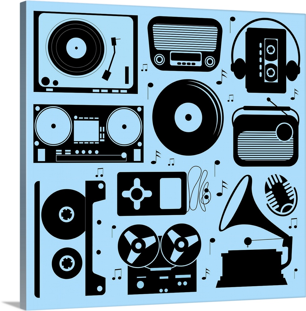 Illustration of various musical devices including gramophone, record player, audio tape and retro radio.