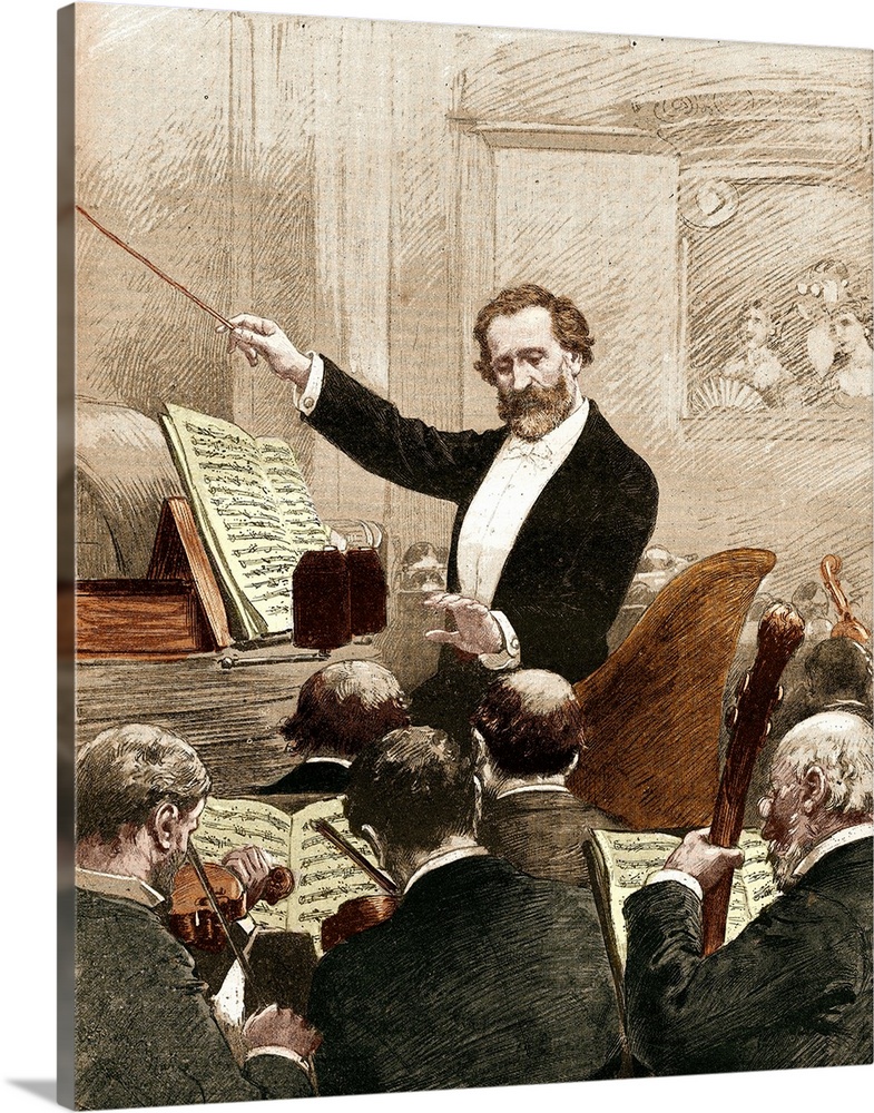 Illustration of Giuseppe Verdi conducting an orchestra at the premier presentation of Aida in Paris in 1880.