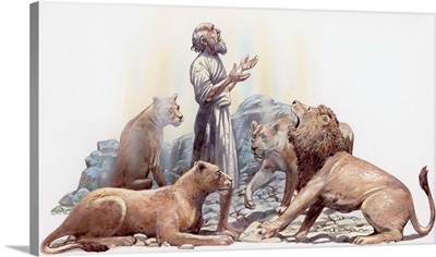Illustration Of Hebrew Prophet Daniel Praying Surrounded By Four Tame Lions