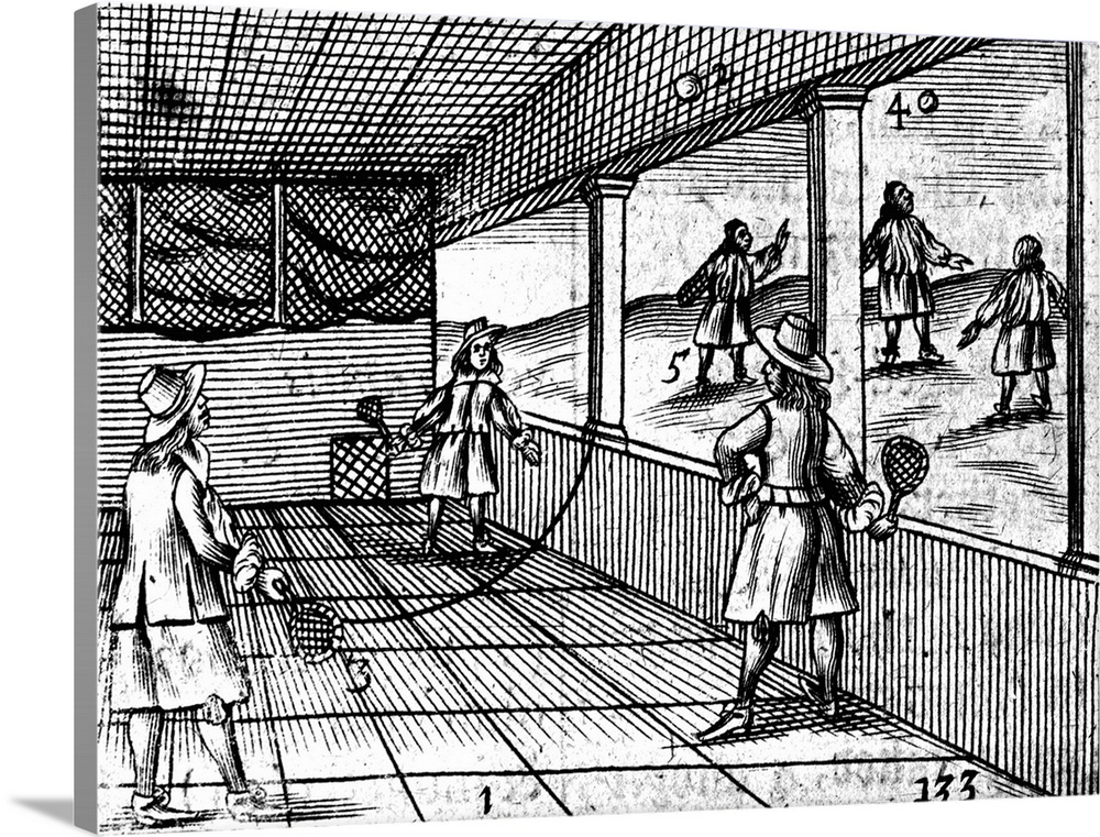 The Game of Tennis. From the Orbis Sensualium Pictus of Commenius, 1659. A group of 17th Century men playing indoor tennis.