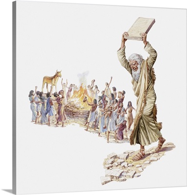 Illustration of Israelites celebrating around the Golden Calf and Moses