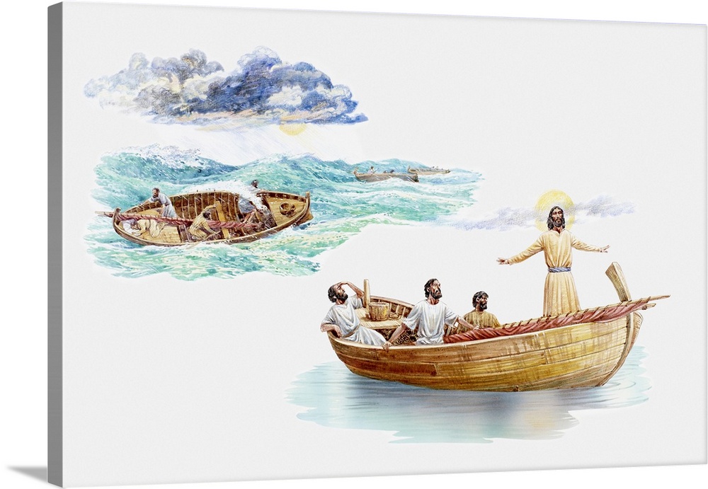 Illustration of Jesus and disciples in boat on Lake Galilee, Jesus commanding the waves to be still, Gospel of Mark
