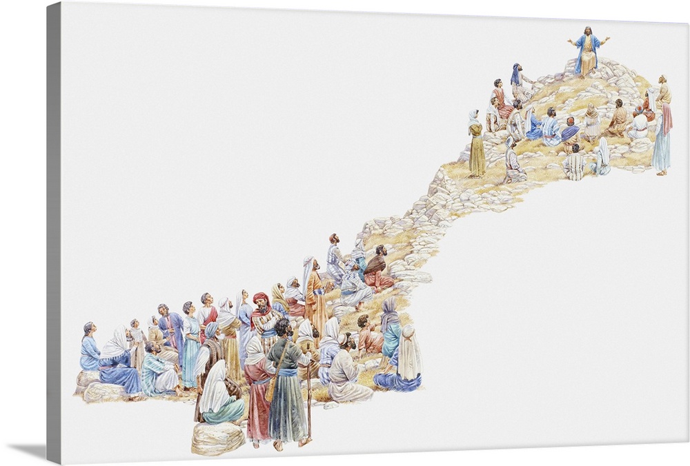 Illustration of Jesus giving sermon on the mount to crowd of people, Gospel of Matthew