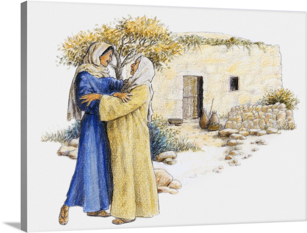 Illustration of Mary and Elizabeth embracing outside house