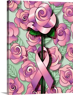 Illustration of pink rose with breast cancer ribbon around it
