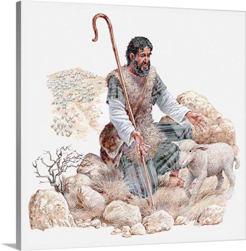 Illustration of shepherd finding his lost sheep, Gospel of Matthew Wall