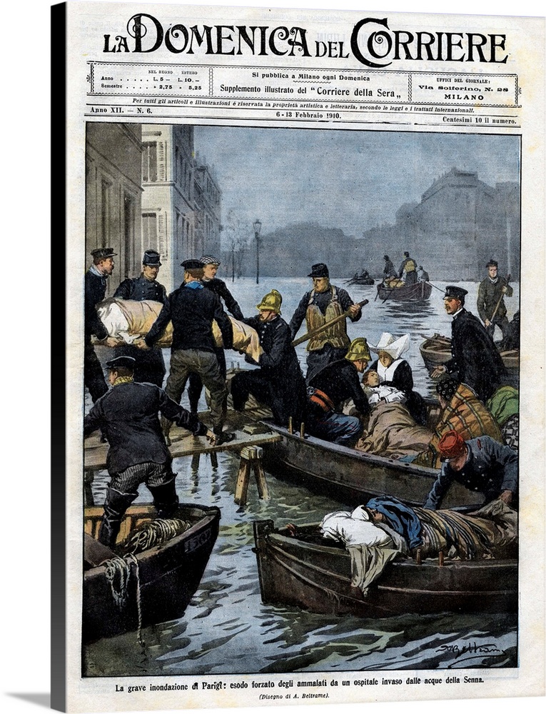 An illustration of floods in Paris during February 1910, published in La Domenica del Corriere.