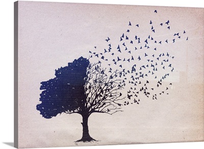 Illustration of tree becoming a flock of birds