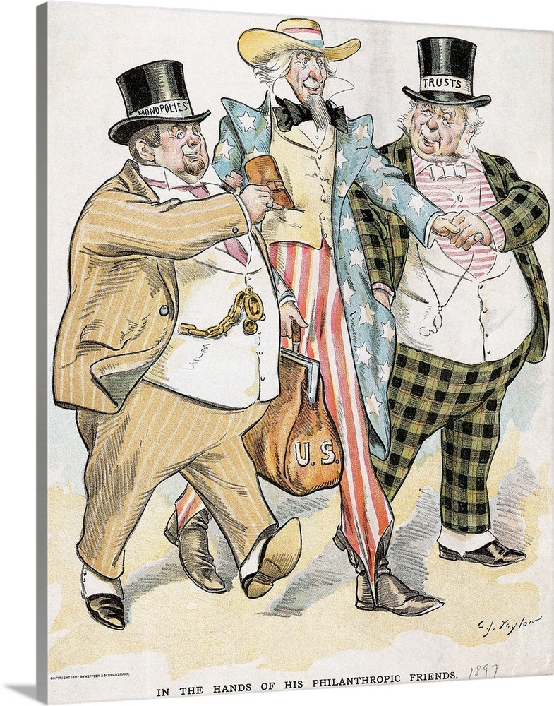 In The Hands of His Philanthropic Friends, a cartoon showing Uncle Sam having his pockets picked by two hefty men with top...