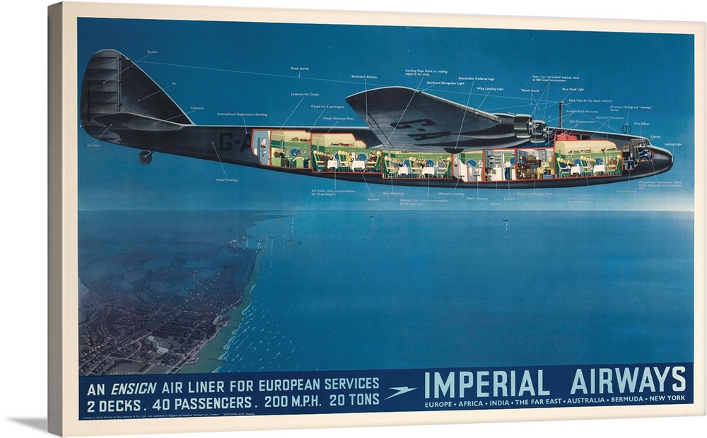Imperial Airways Ensign Air Liner, 200 MPH flying over coastline at dusk.