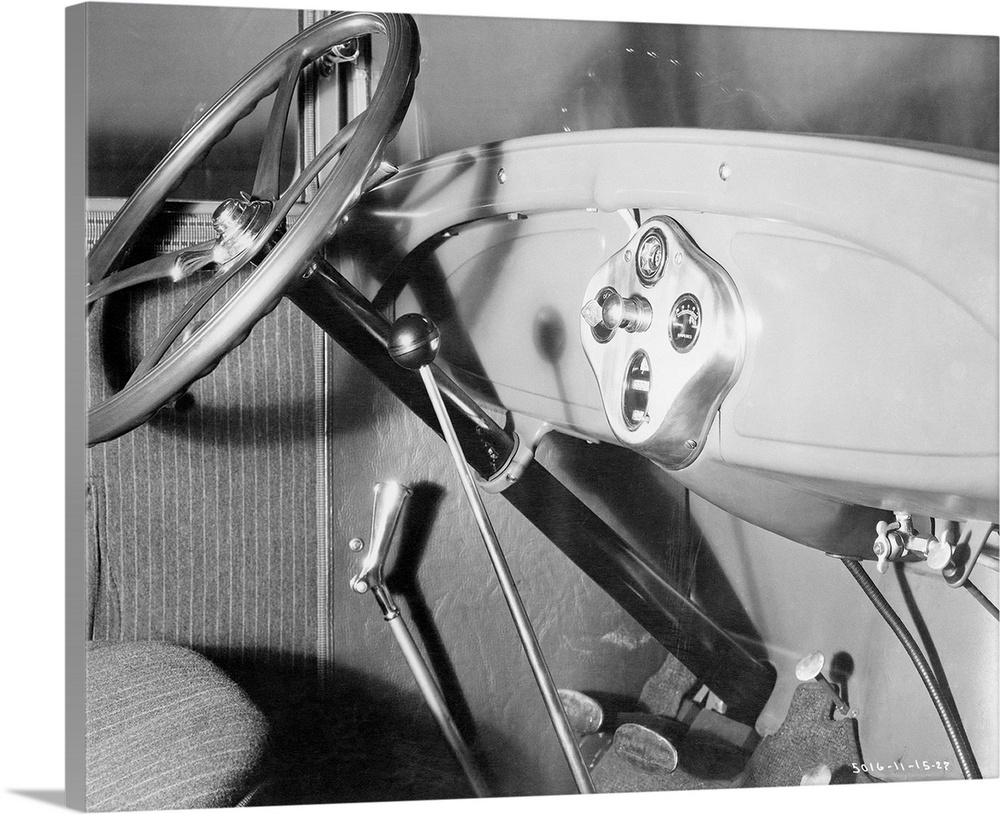 11/15/1927- A close-up view of the interior of the new Ford car shows the improved instrument panel, steering wheel with l...