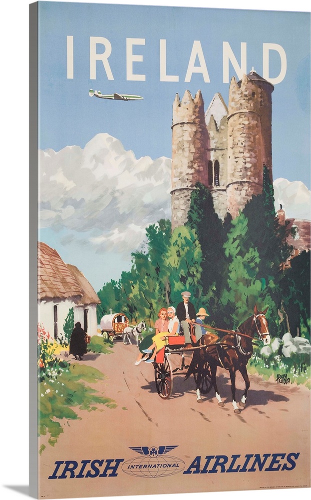 Irish Airlines travelposter with tourists in horse wagon. Illustrated by Adolph Triedler