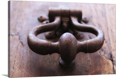 Iron door knocker on wooden door.