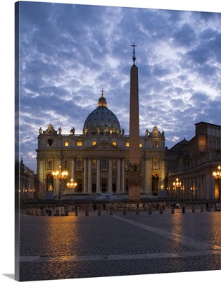 Italy, Rome, Vatican City, St. Peter's Basilica illuminated at dusk