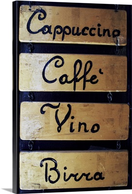 Italy, Veneto, Venice, coffee, wine and beer sign outside a bar