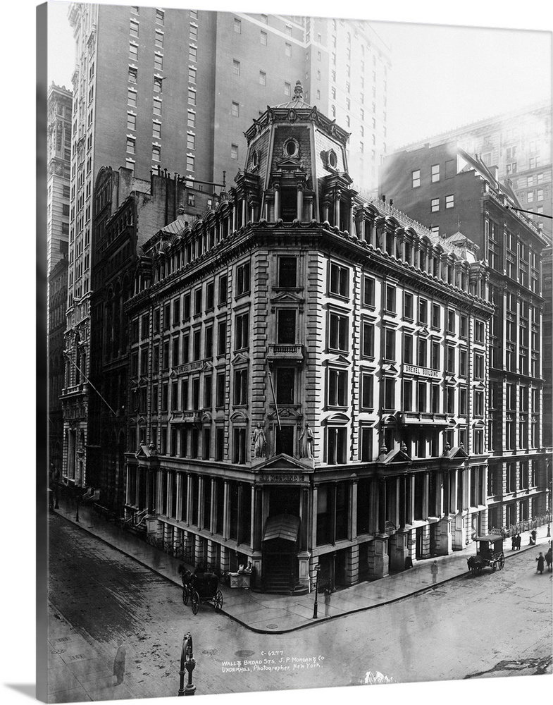 The offices of J.P. Morgan and Company, on a corner of Broad and Wall Streets, Manhattan.