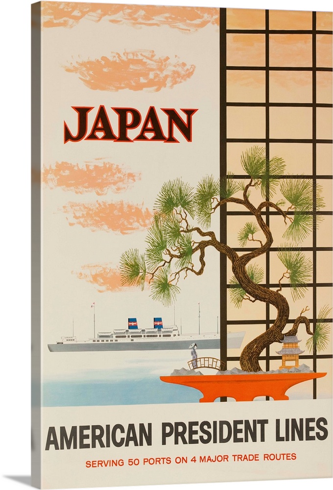 Bonsai and shoji screen frame a window as 2 masted liner sails past.