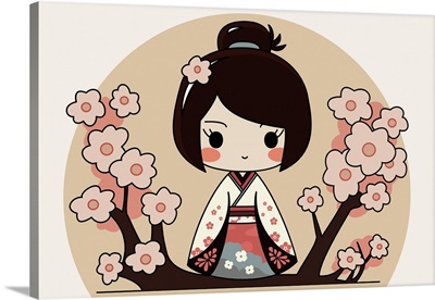 Japanese Chibi Female Character With Traditional Kimono And Sakura Flowers