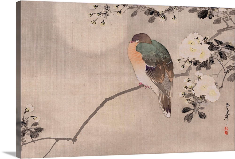 Japanese Watercolor Of Bird Perched On A Branch Of A Blossoming Tree