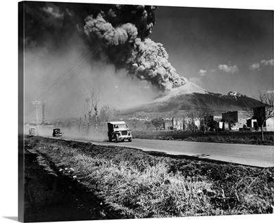 Jeeps Speed Away As Vesuvius Spits Cloud, Naples, Italy, 1944